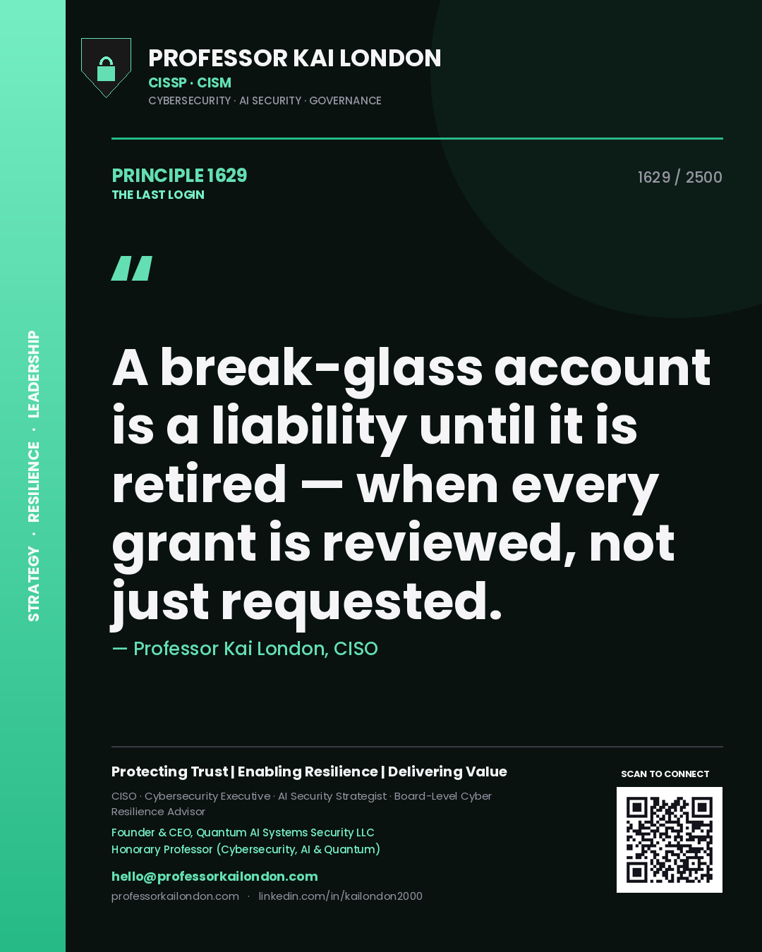 Quote card by Professor Kai London reading 'A break-glass account is a liability until it is retired — when every grant is reviewed, not just requested.'. From the book The Last Login.