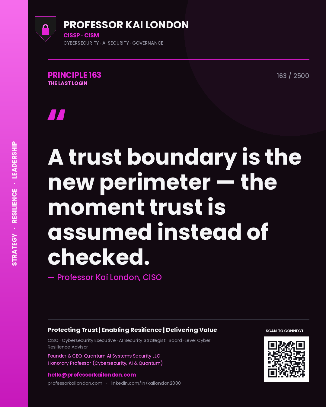 Quote card by Professor Kai London reading 'A trust boundary is the new perimeter — the moment trust is assumed instead of checked.'. From the book The Last Login.
