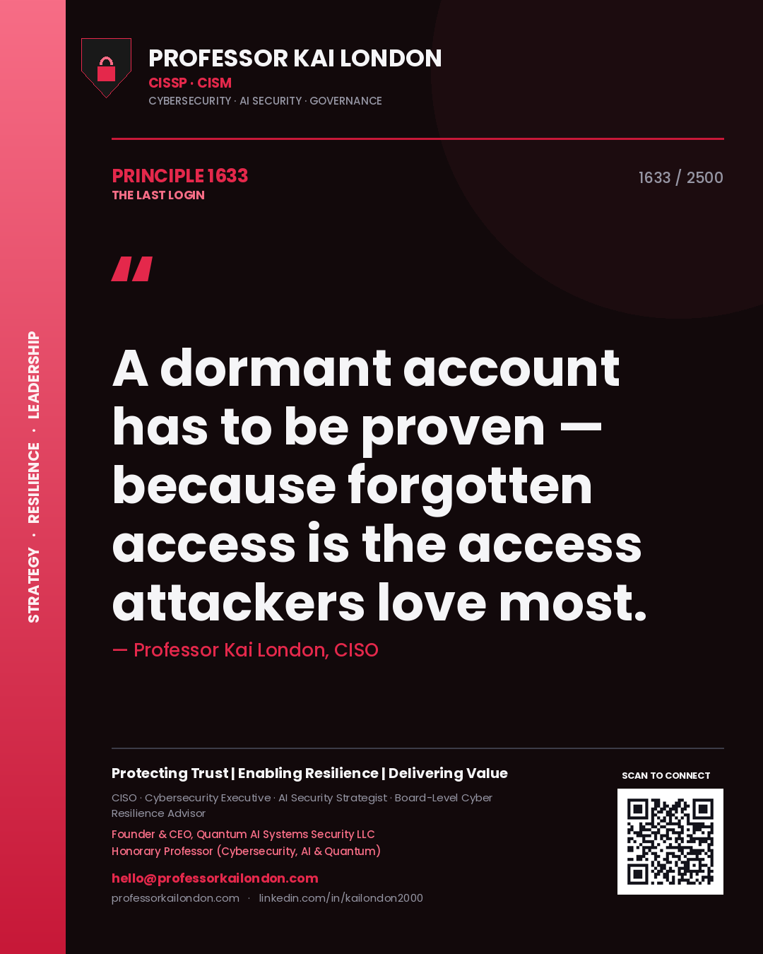 Quote card by Professor Kai London reading 'A dormant account has to be proven — because forgotten access is the access attackers love most.'. From the book The Last Login.