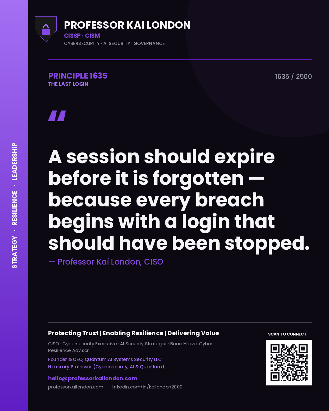 Quote card by Professor Kai London reading 'A session should expire before it is forgotten — because every breach begins with a login that should have been stopped.'. From the book The Last Login.