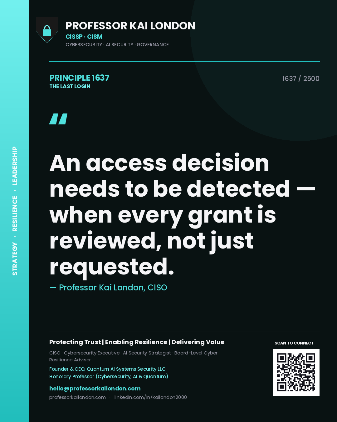 Quote card by Professor Kai London reading 'An access decision needs to be detected — when every grant is reviewed, not just requested.'. From the book The Last Login.