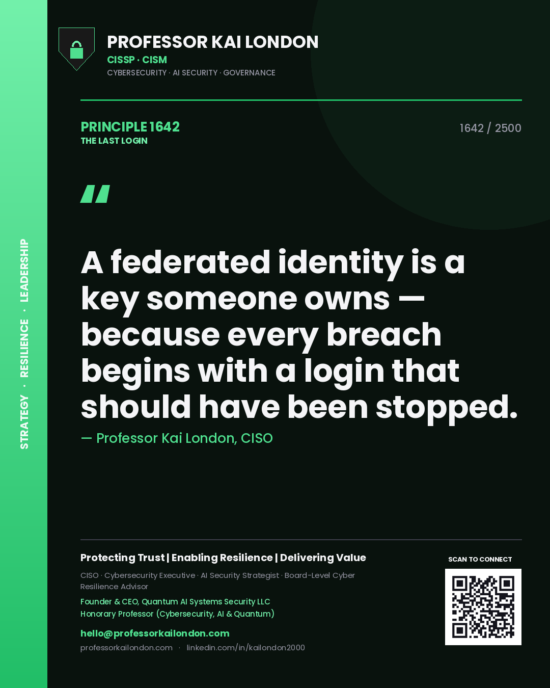 Quote card by Professor Kai London reading 'A federated identity is a key someone owns — because every breach begins with a login that should have been stopped.'. From the book The Last Login.