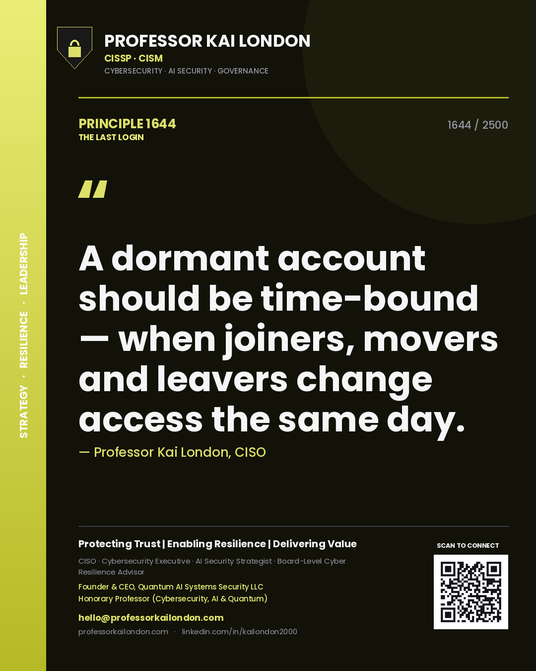 Quote card by Professor Kai London reading 'A dormant account should be time-bound — when joiners, movers and leavers change access the same day.'. From the book The Last Login.