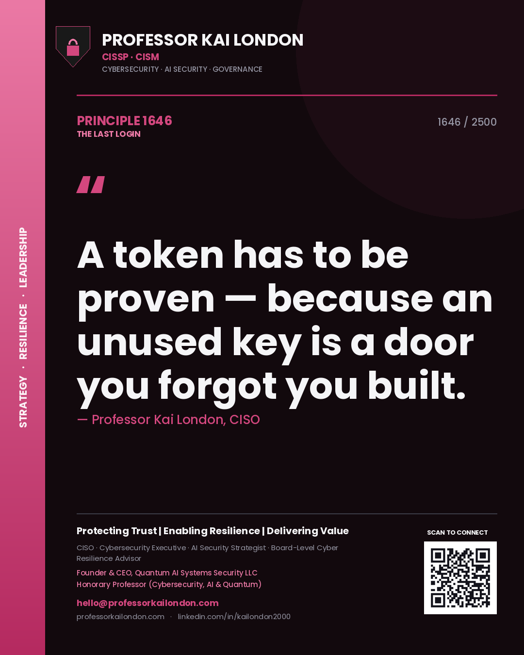 Quote card by Professor Kai London reading 'A token has to be proven — because an unused key is a door you forgot you built.'. From the book The Last Login.