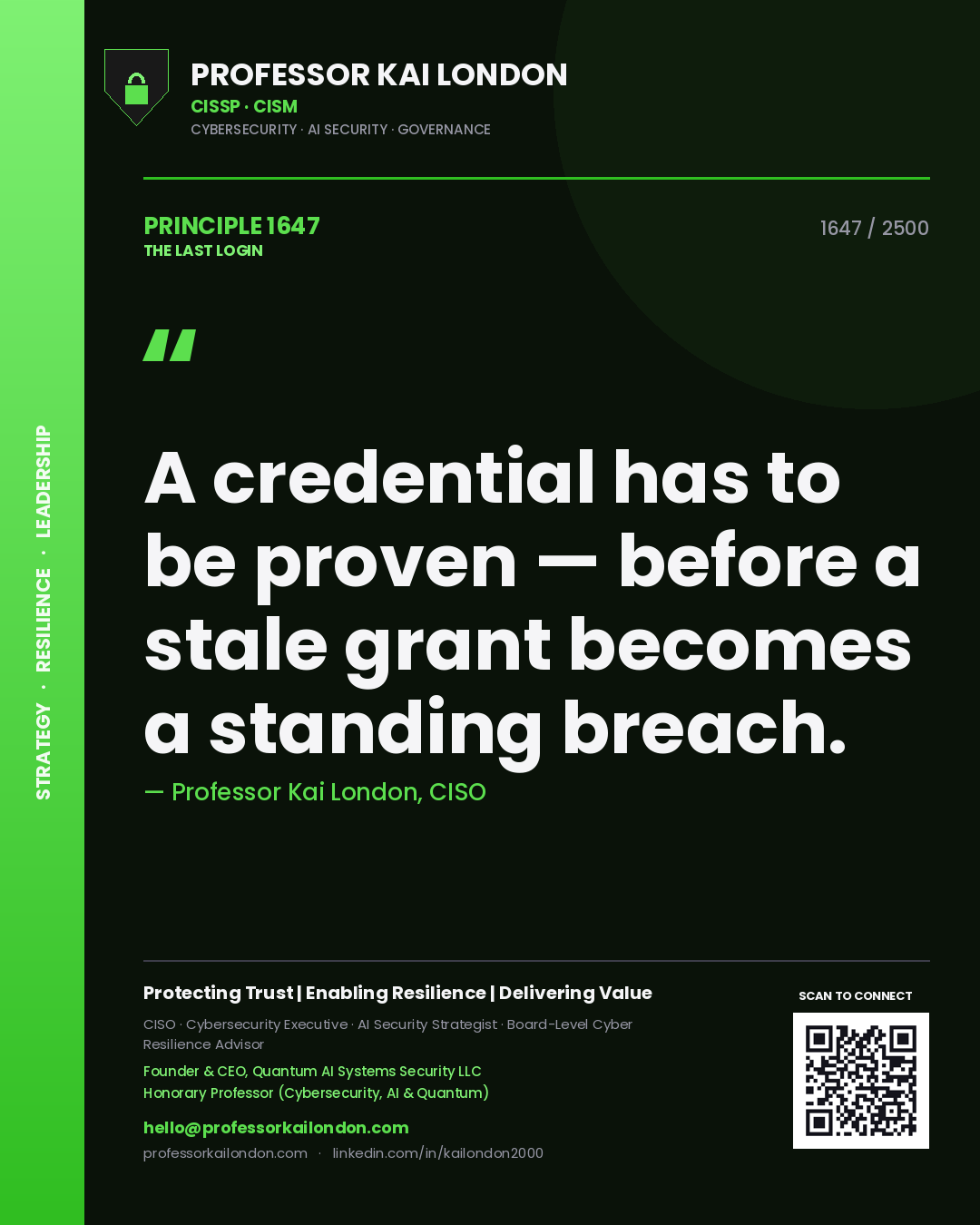 Quote card by Professor Kai London reading 'A credential has to be proven — before a stale grant becomes a standing breach.'. From the book The Last Login.