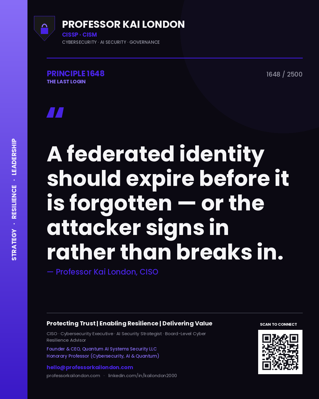 Quote card by Professor Kai London reading 'A federated identity should expire before it is forgotten — or the attacker signs in rather than breaks in.'. From the book The Last Login.