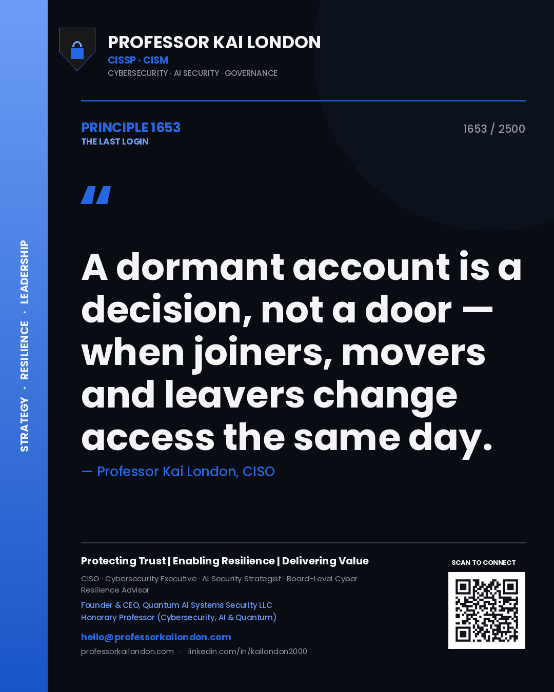 Quote card by Professor Kai London reading 'A dormant account is a decision, not a door — when joiners, movers and leavers change access the same day.'. From the book The Last Login.