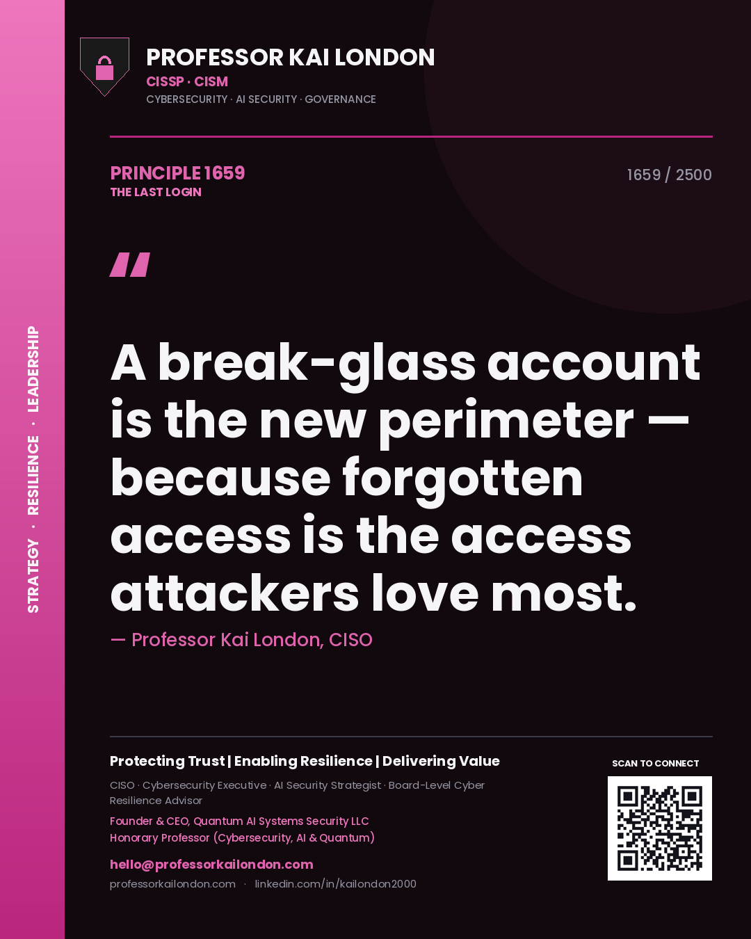 Quote card by Professor Kai London reading 'A break-glass account is the new perimeter — because forgotten access is the access attackers love most.'. From the book The Last Login.