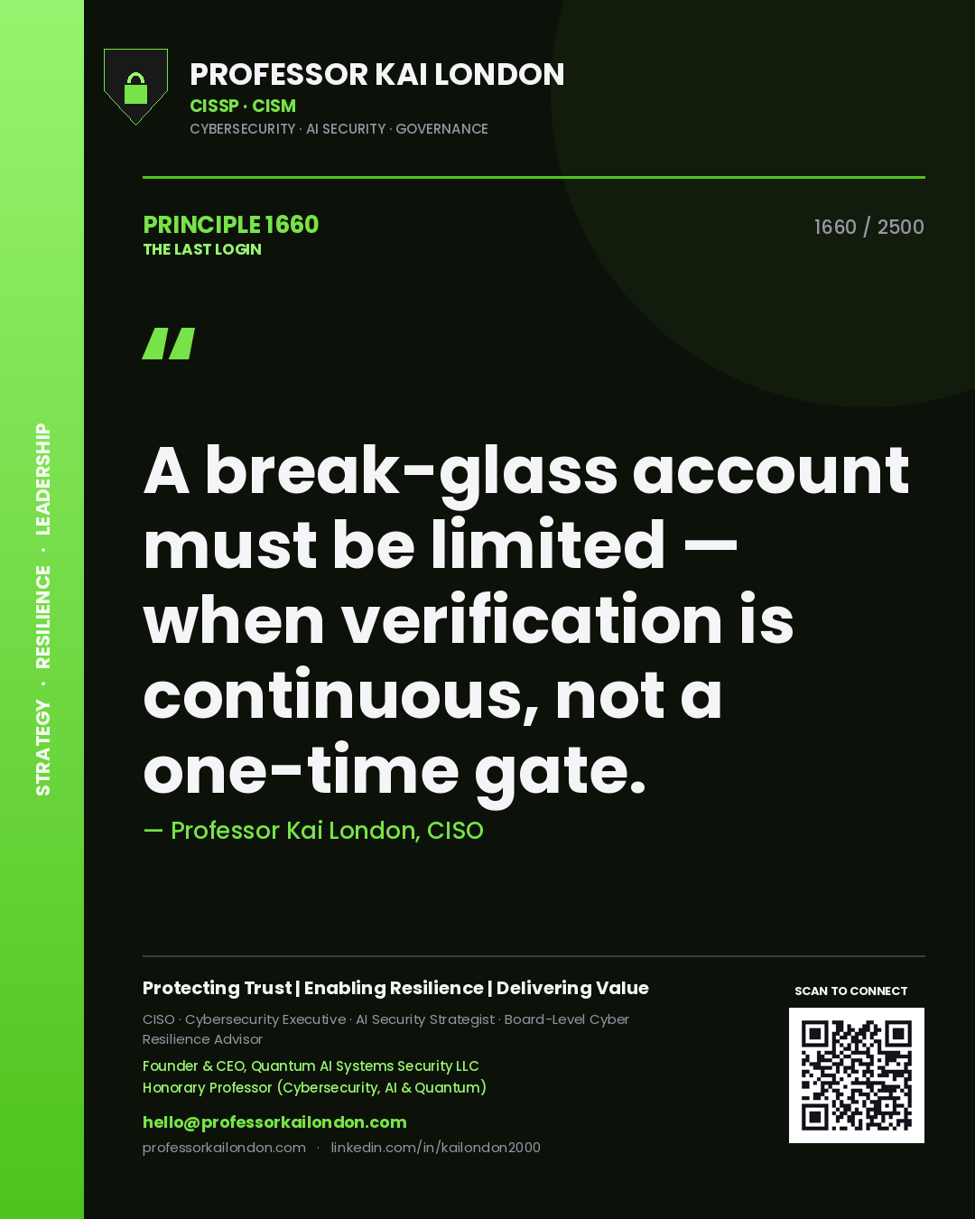 Quote card by Professor Kai London reading 'A break-glass account must be limited — when verification is continuous, not a one-time gate.'. From the book The Last Login.