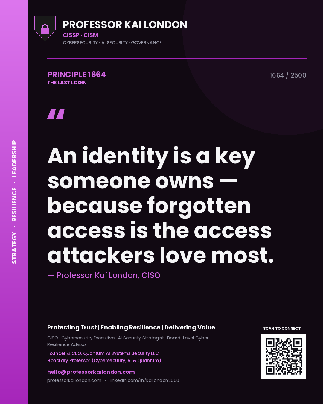 Quote card by Professor Kai London reading 'An identity is a key someone owns — because forgotten access is the access attackers love most.'. From the book The Last Login.