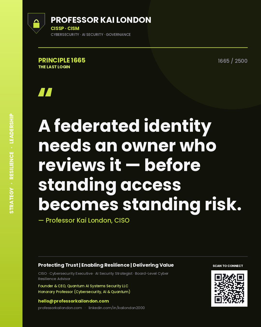Quote card by Professor Kai London reading 'A federated identity needs an owner who reviews it — before standing access becomes standing risk.'. From the book The Last Login.