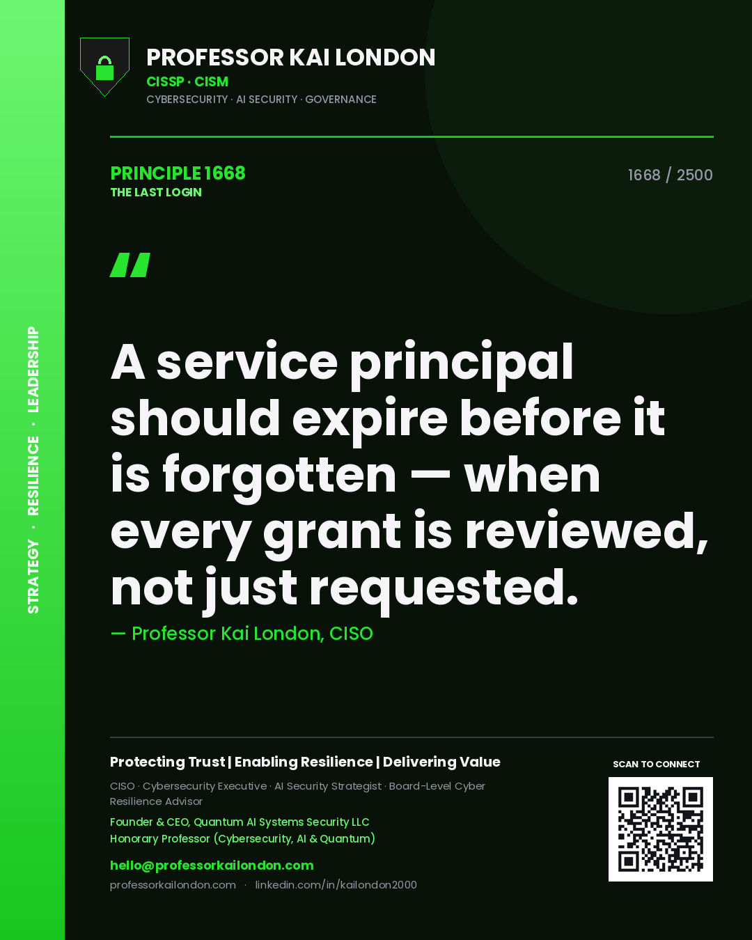 Quote card by Professor Kai London reading 'A service principal should expire before it is forgotten — when every grant is reviewed, not just requested.'. From the book The Last Login.