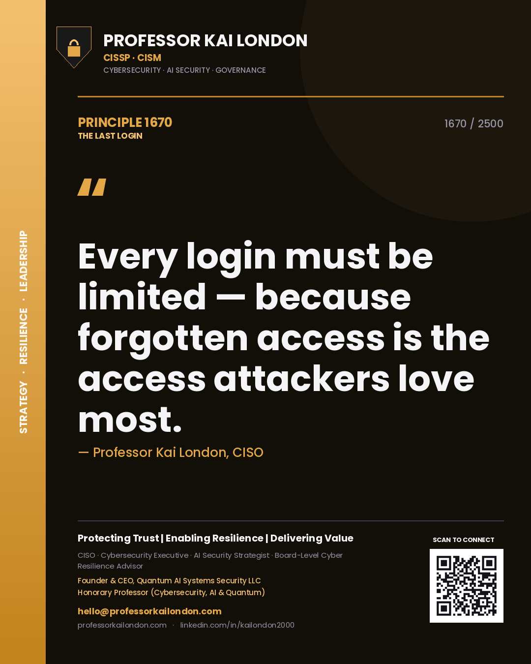 Quote card by Professor Kai London reading 'Every login must be limited — because forgotten access is the access attackers love most.'. From the book The Last Login.