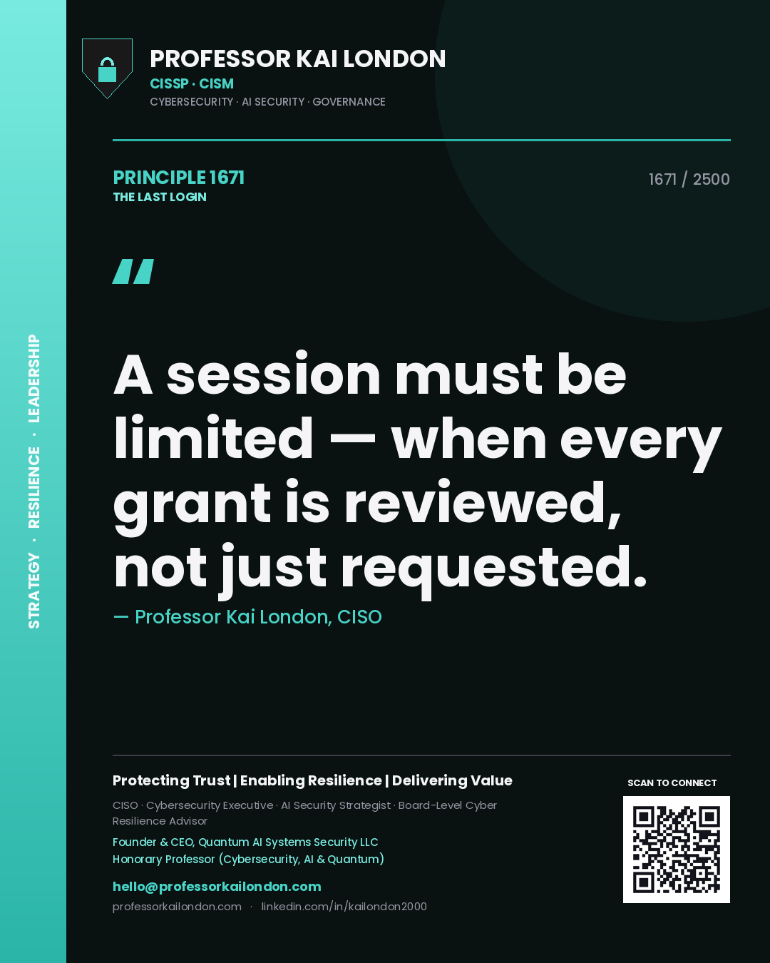 Quote card by Professor Kai London reading 'A session must be limited — when every grant is reviewed, not just requested.'. From the book The Last Login.
