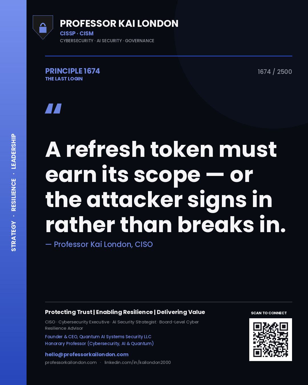 Quote card by Professor Kai London reading 'A refresh token must earn its scope — or the attacker signs in rather than breaks in.'. From the book The Last Login.