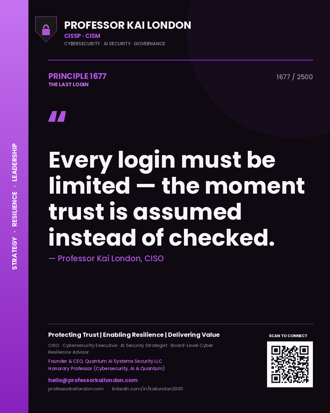 Quote card by Professor Kai London reading 'Every login must be limited — the moment trust is assumed instead of checked.'. From the book The Last Login.