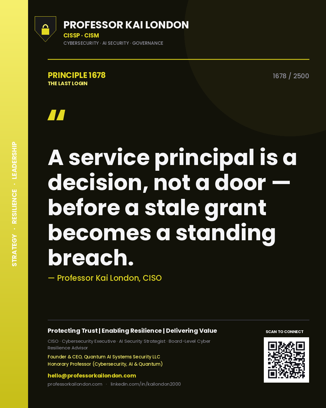 Quote card by Professor Kai London reading 'A service principal is a decision, not a door — before a stale grant becomes a standing breach.'. From the book The Last Login.