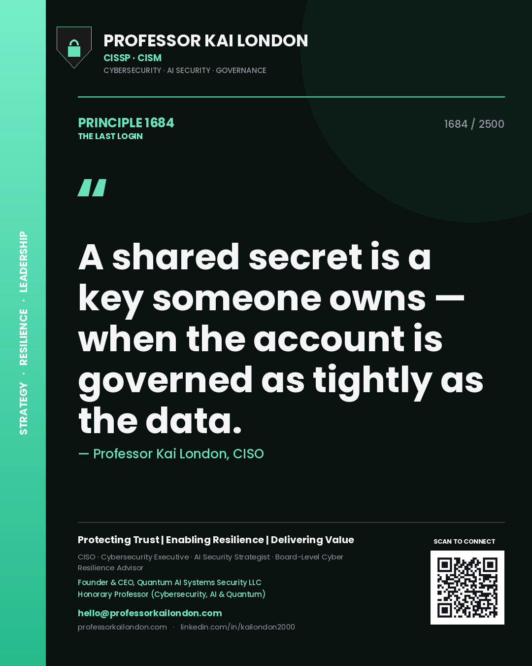 Quote card by Professor Kai London reading 'A shared secret is a key someone owns — when the account is governed as tightly as the data.'. From the book The Last Login.