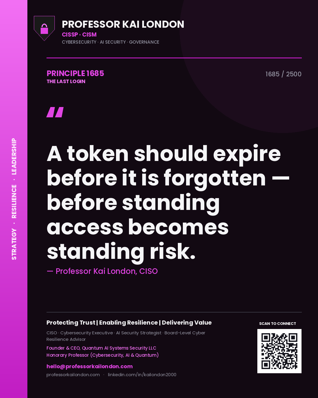 Quote card by Professor Kai London reading 'A token should expire before it is forgotten — before standing access becomes standing risk.'. From the book The Last Login.