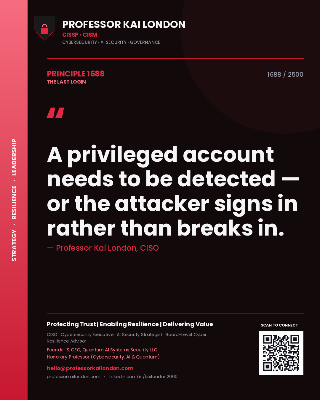 Quote card by Professor Kai London reading 'A privileged account needs to be detected — or the attacker signs in rather than breaks in.'. From the book The Last Login.