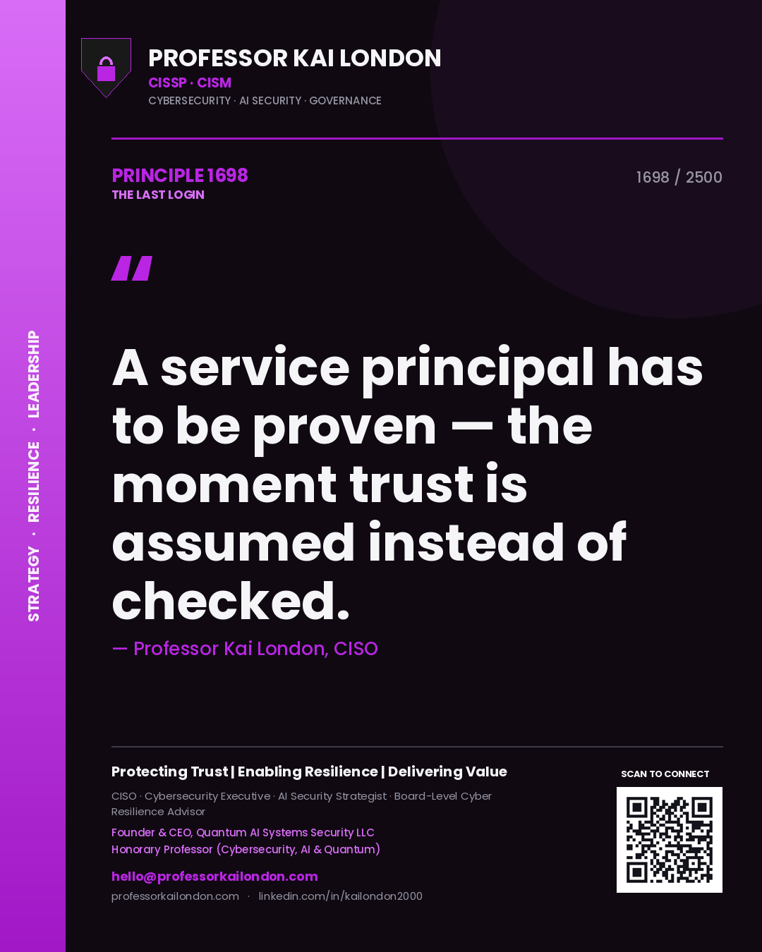 Quote card by Professor Kai London reading 'A service principal has to be proven — the moment trust is assumed instead of checked.'. From the book The Last Login.