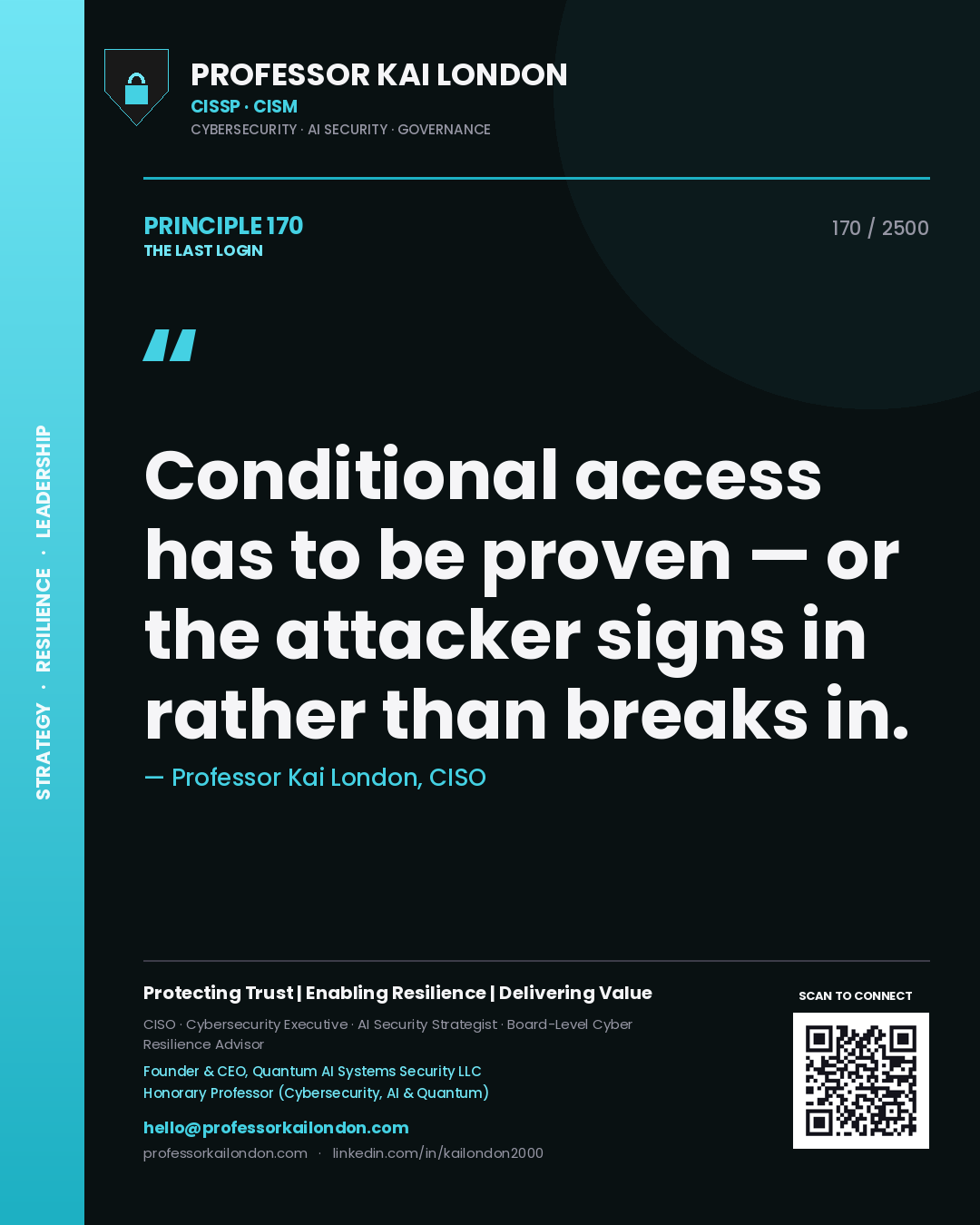 Quote card by Professor Kai London reading 'Conditional access has to be proven — or the attacker signs in rather than breaks in.'. From the book The Last Login.