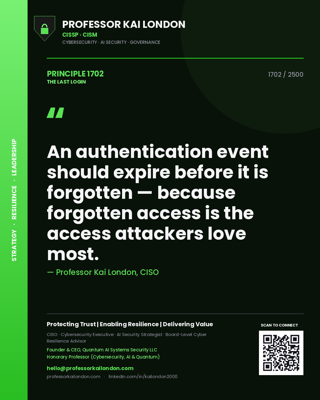 Professor Kai London principle 1702: An authentication event should expire before it is forgotten — because forgotten access is the access attackers love most.