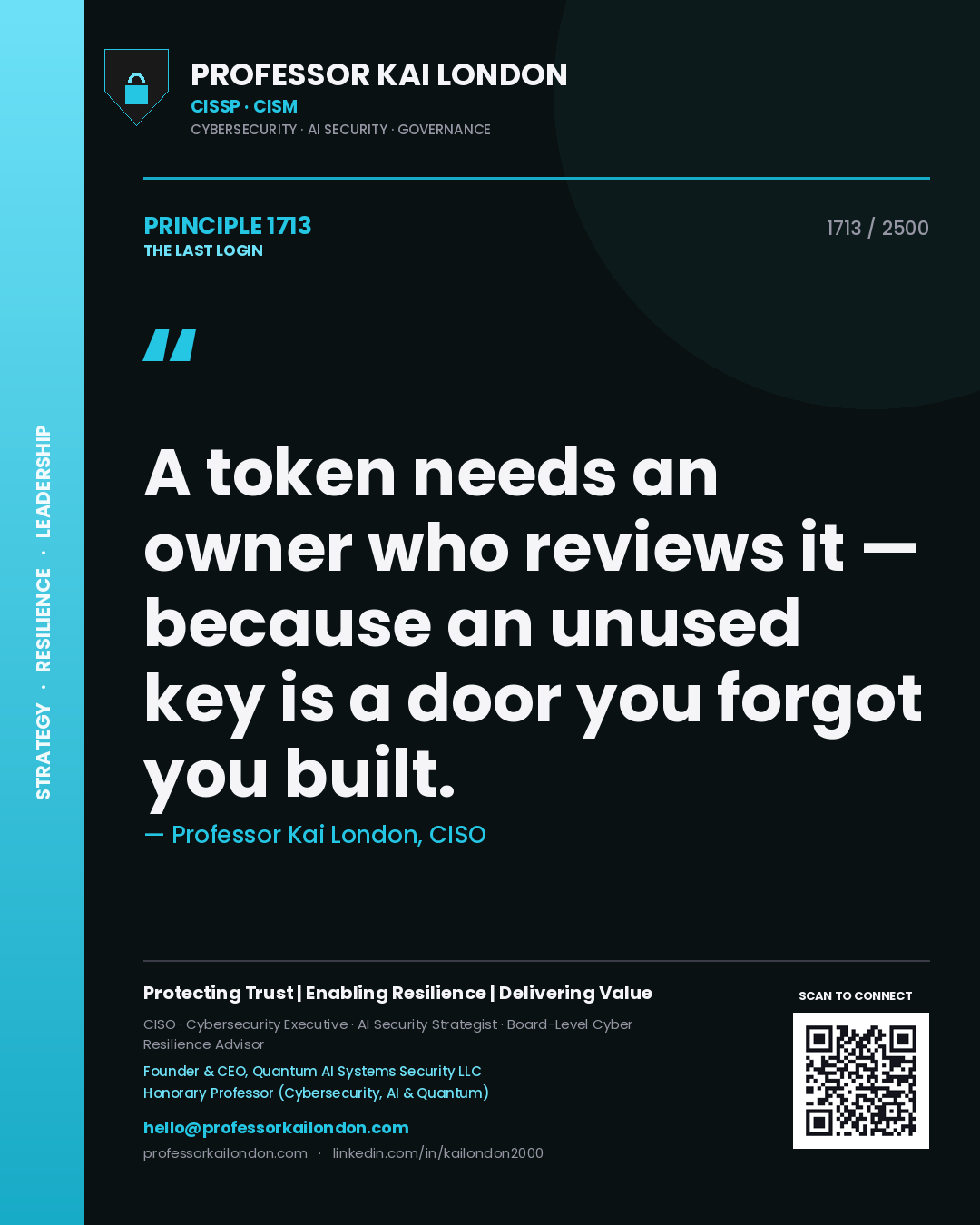 Quote card by Professor Kai London reading 'A token needs an owner who reviews it — because an unused key is a door you forgot you built.'. From the book The Last Login.