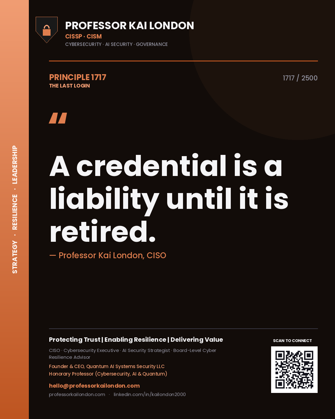 Quote card by Professor Kai London reading 'A credential is a liability until it is retired.'. From the book The Last Login.