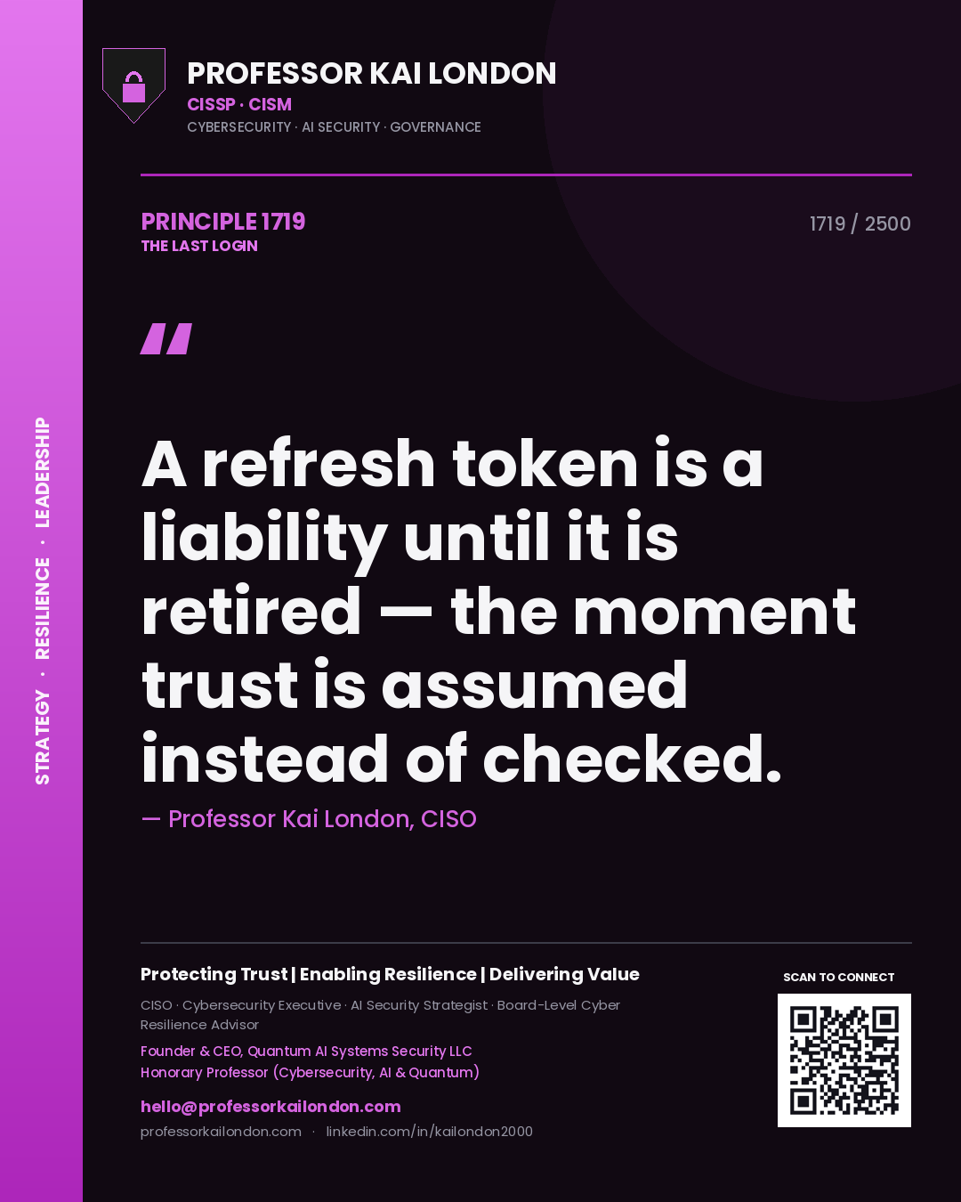Quote card by Professor Kai London reading 'A refresh token is a liability until it is retired — the moment trust is assumed instead of checked.'. From the book The Last Login.