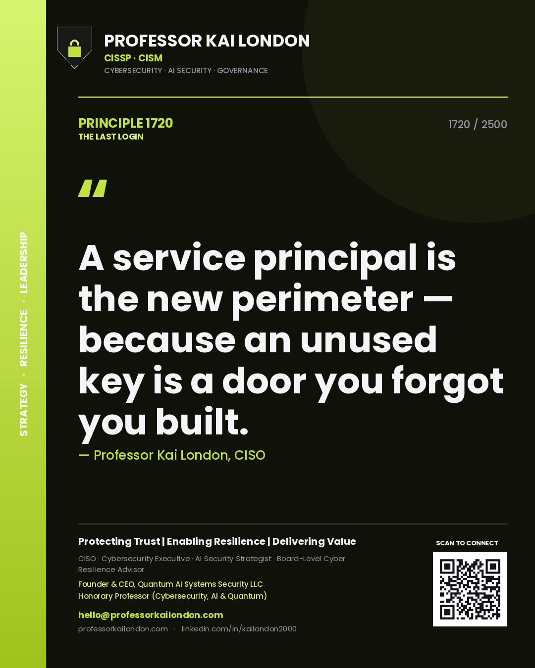 Quote card by Professor Kai London reading 'A service principal is the new perimeter — because an unused key is a door you forgot you built.'. From the book The Last Login.