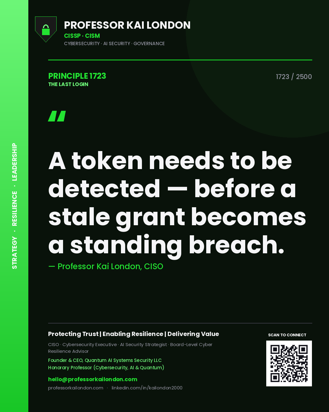 Quote card by Professor Kai London reading 'A token needs to be detected — before a stale grant becomes a standing breach.'. From the book The Last Login.
