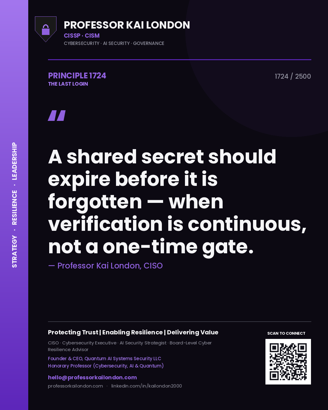 Professor Kai London principle 1724: A shared secret should expire before it is forgotten — when verification is continuous, not a one-time gate.