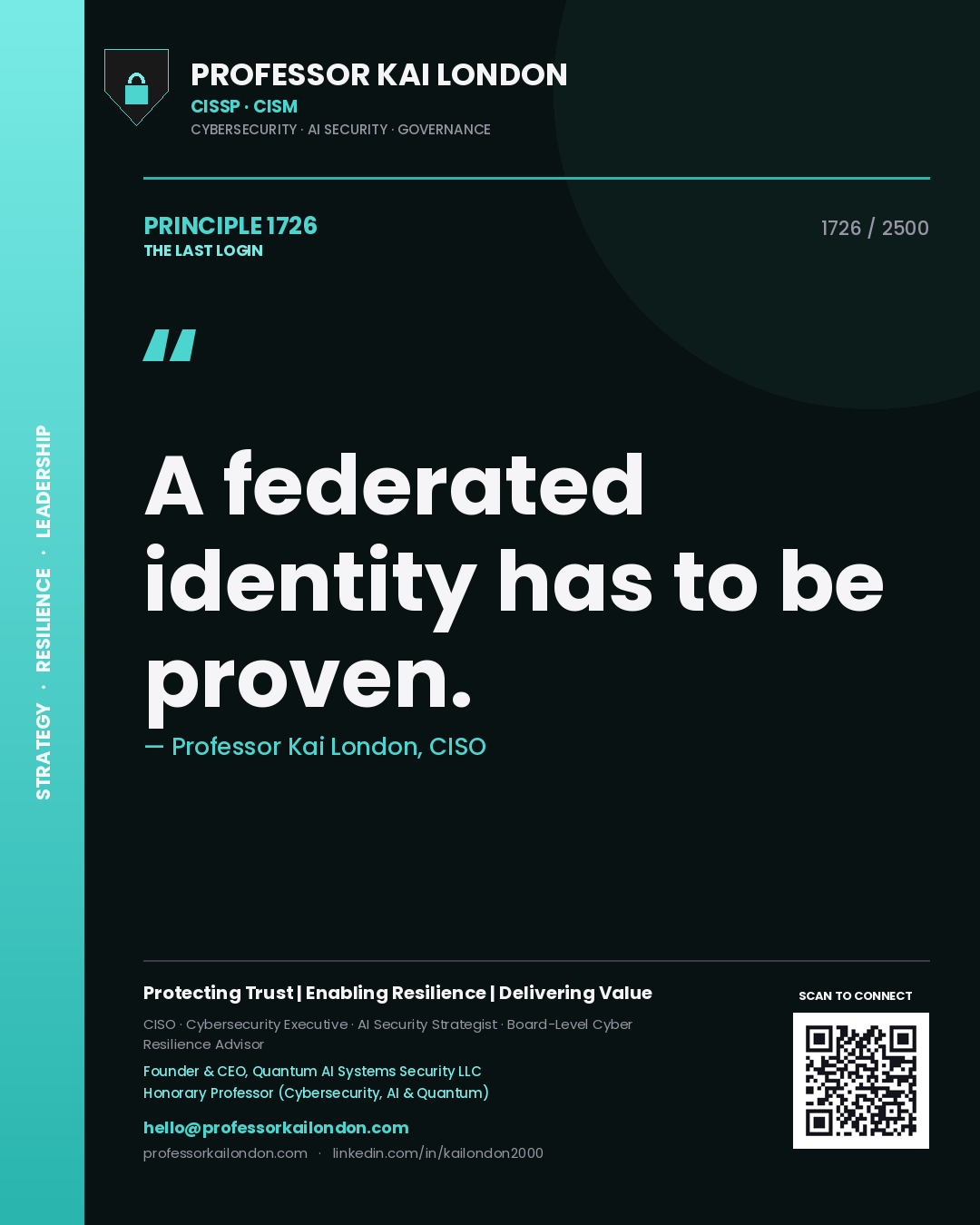 Quote card by Professor Kai London reading 'A federated identity has to be proven.'. From the book The Last Login.