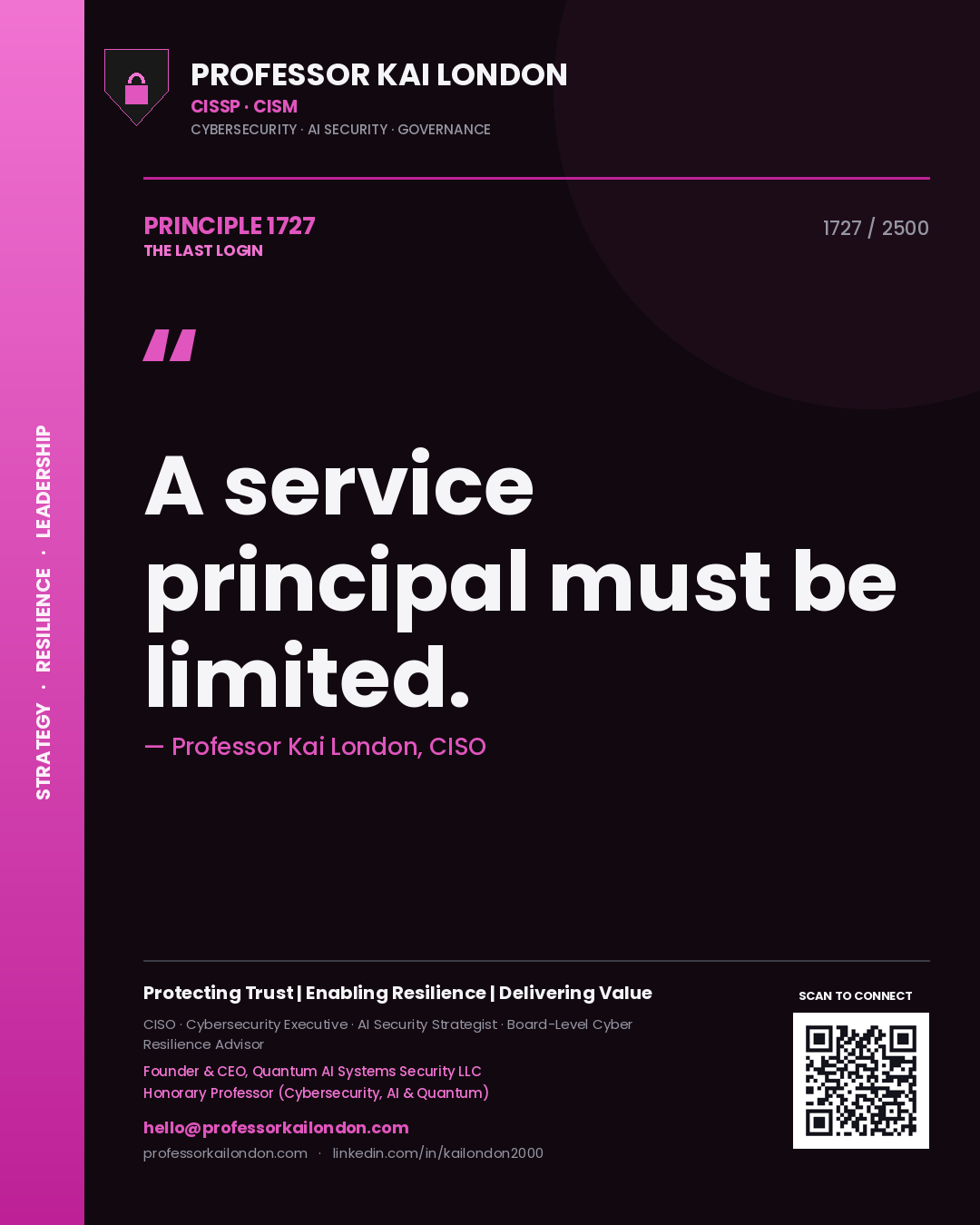Quote card by Professor Kai London reading 'A service principal must be limited.'. From the book The Last Login.