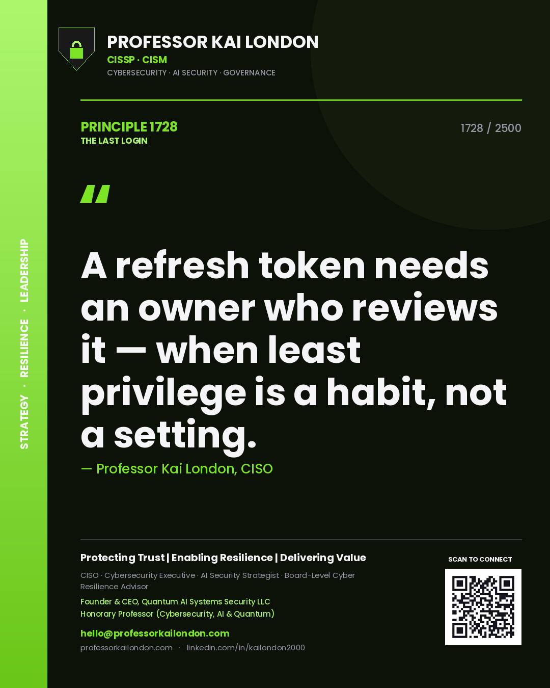 Quote card by Professor Kai London reading 'A refresh token needs an owner who reviews it — when least privilege is a habit, not a setting.'. From the book The Last Login.