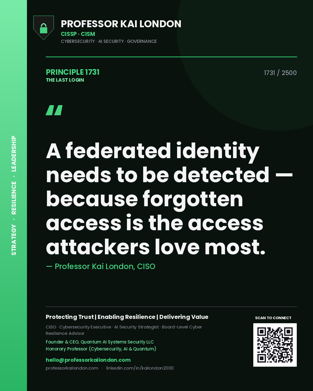 Quote card by Professor Kai London reading 'A federated identity needs to be detected — because forgotten access is the access attackers love most.'. From the book The Last Login.