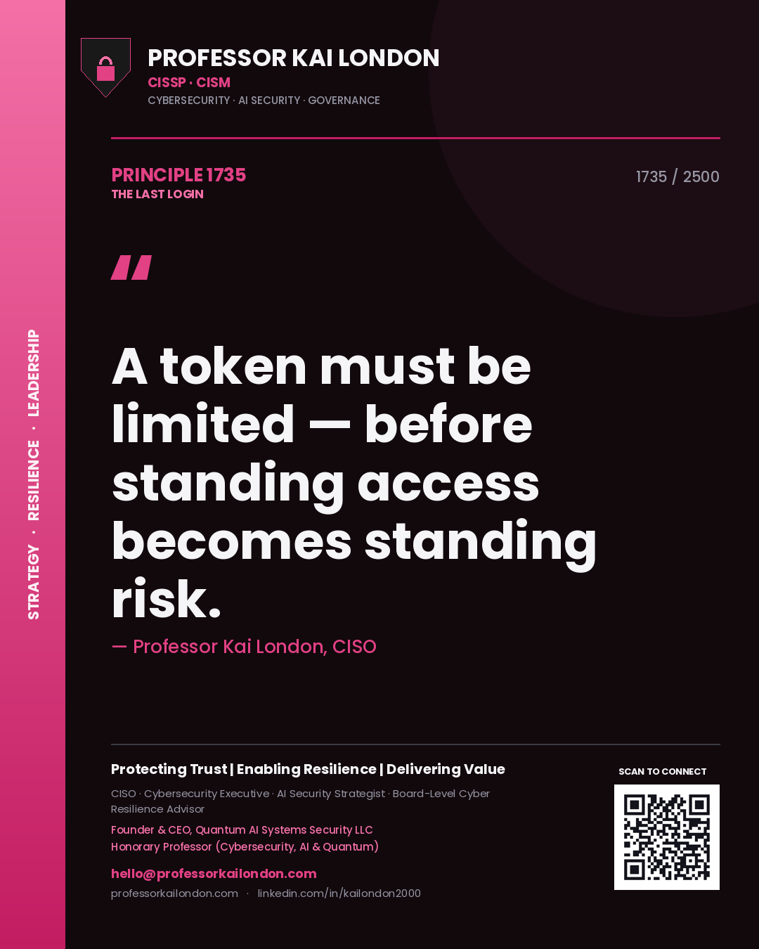 Quote card by Professor Kai London reading 'A token must be limited — before standing access becomes standing risk.'. From the book The Last Login.