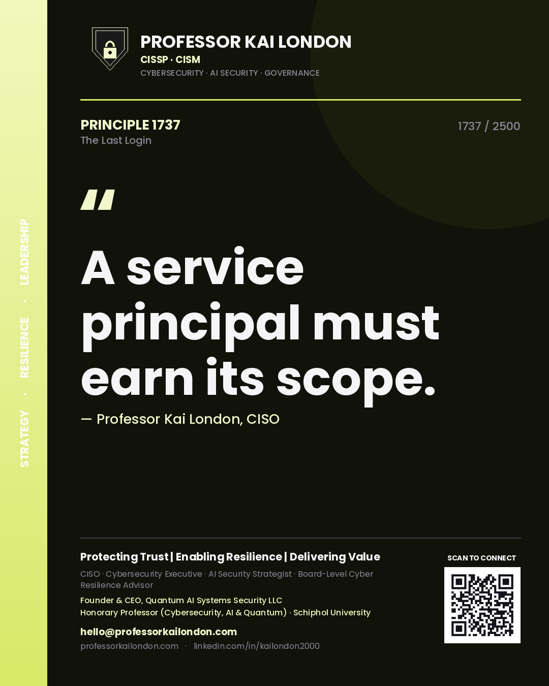 Quote card by Professor Kai London reading 'A service principal must earn its scope.'. From the book The Last Login.