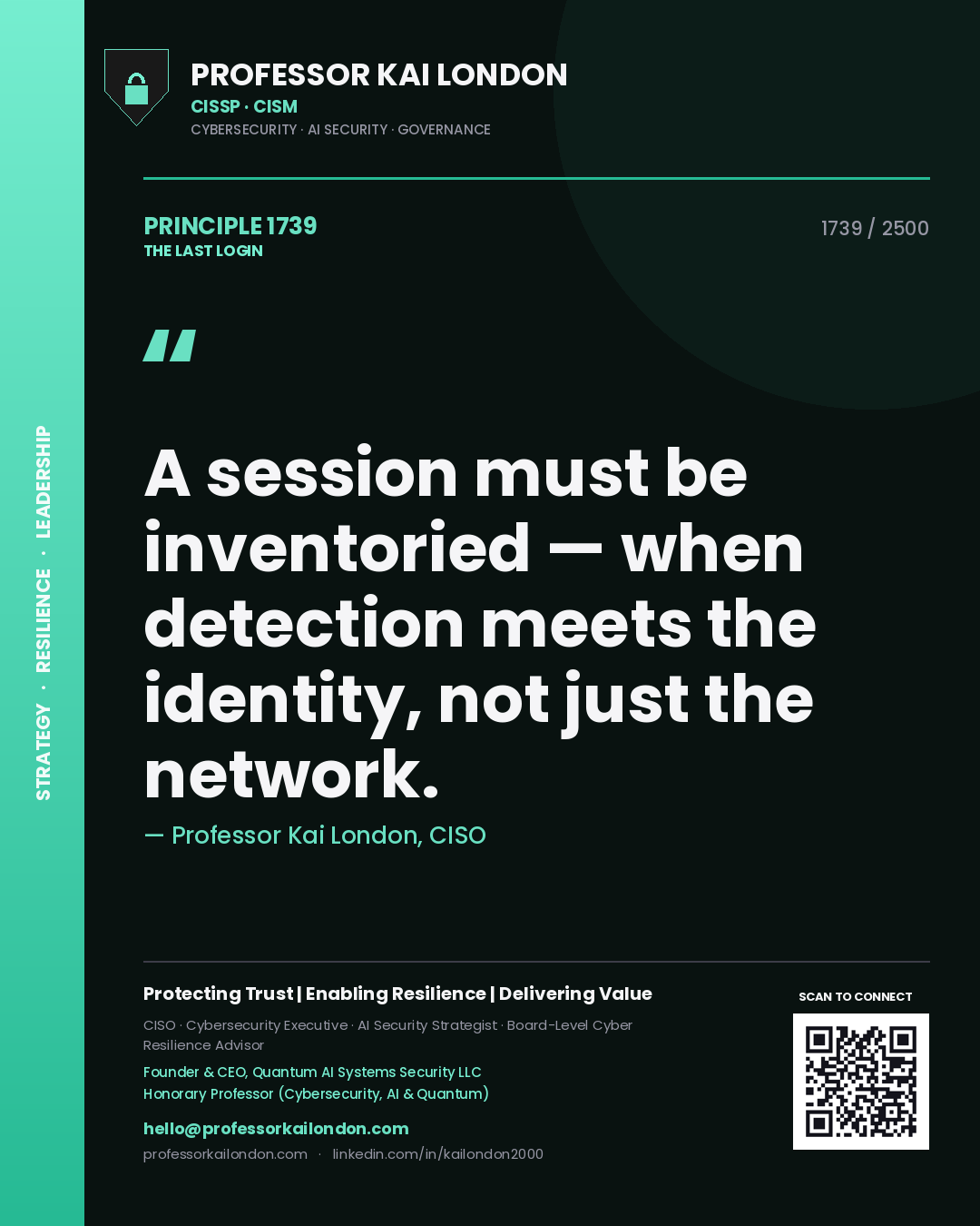 Quote card by Professor Kai London reading 'A session must be inventoried — when detection meets the identity, not just the network.'. From the book The Last Login.