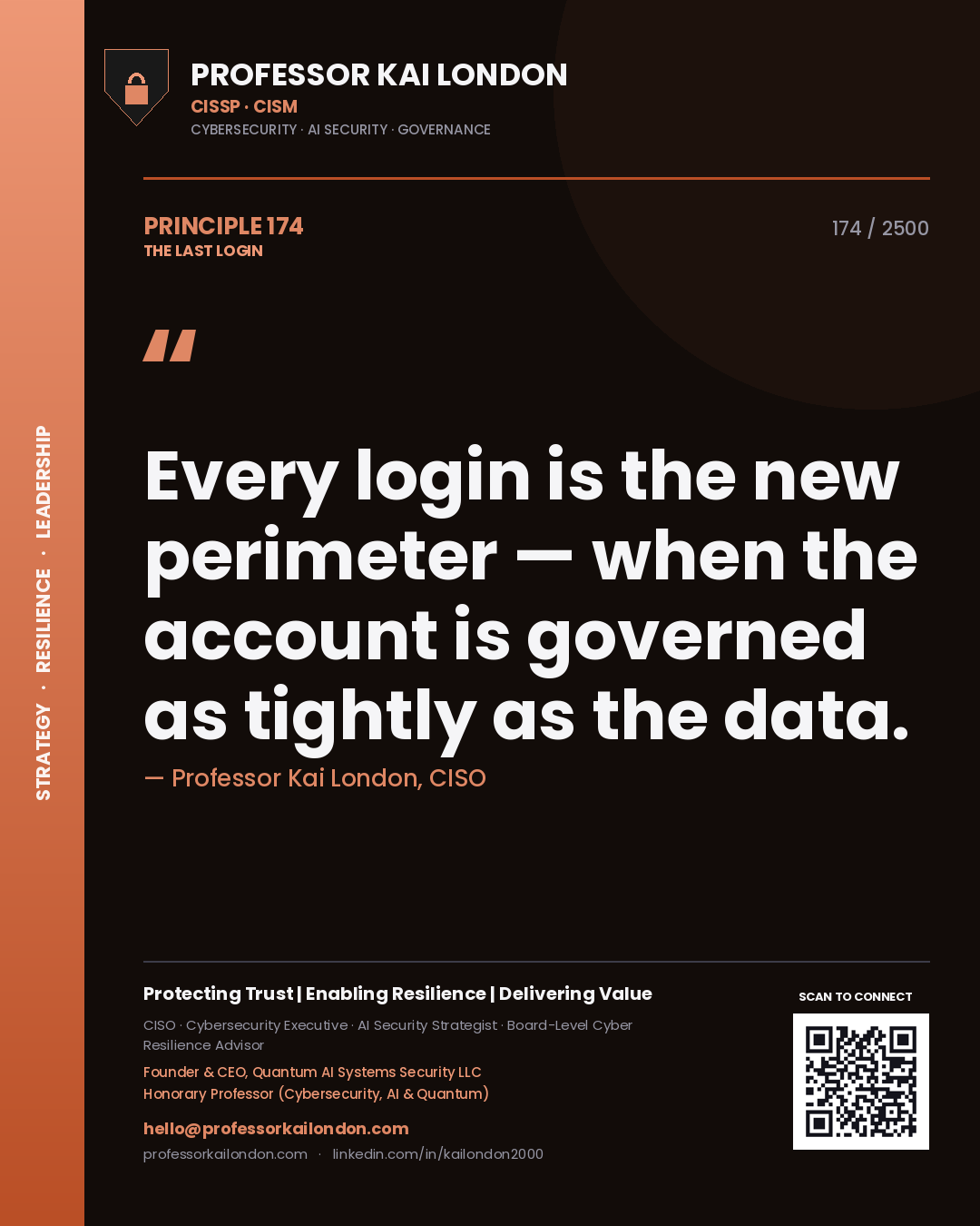 Professor Kai London principle 174: Every login is the new perimeter — when the account is governed as tightly as the data.