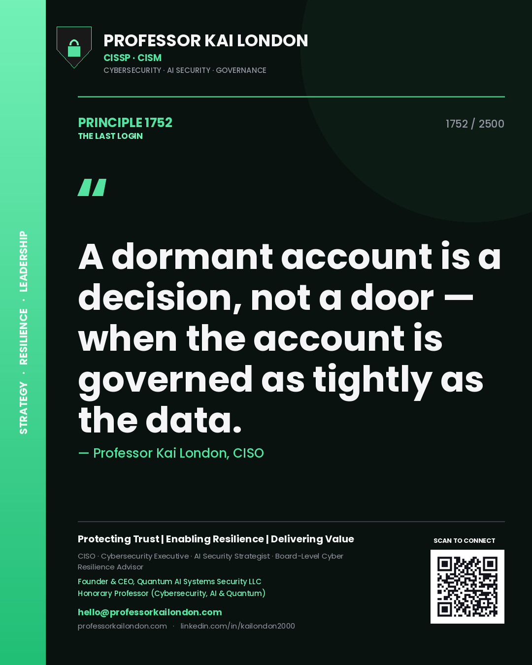 Professor Kai London principle 1752: A dormant account is a decision, not a door — when the account is governed as tightly as the data.