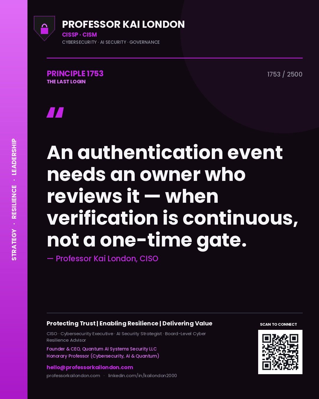 Quote card by Professor Kai London reading 'An authentication event needs an owner who reviews it — when verification is continuous, not a one-time gate.'. From the book The Last Login.