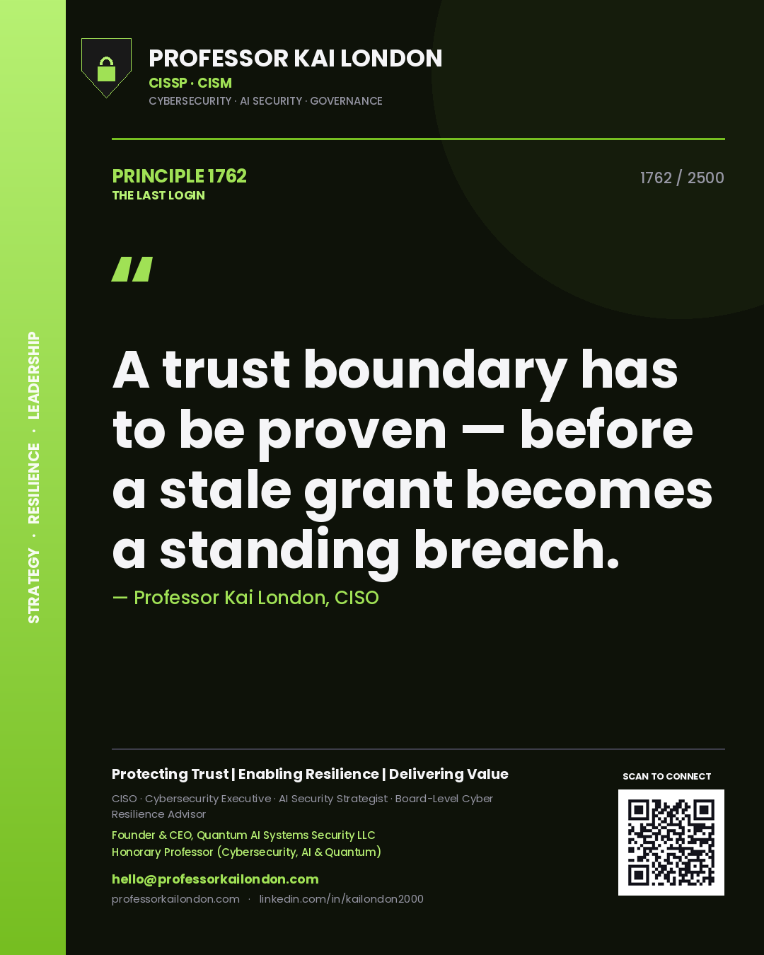 Quote card by Professor Kai London reading 'A trust boundary has to be proven — before a stale grant becomes a standing breach.'. From the book The Last Login.