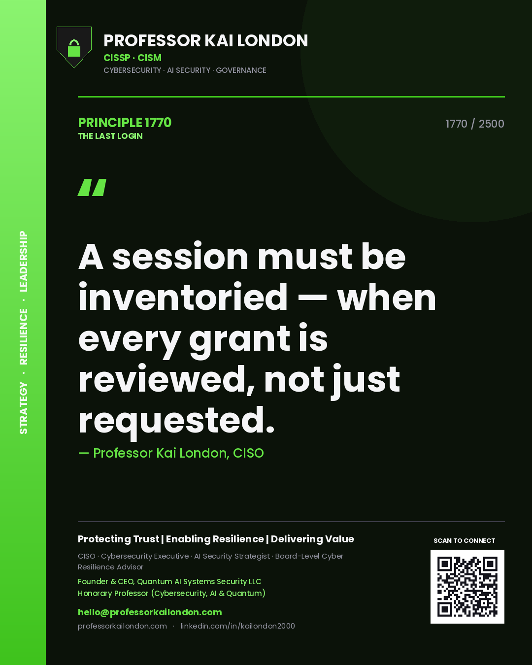 Quote card by Professor Kai London reading 'A session must be inventoried — when every grant is reviewed, not just requested.'. From the book The Last Login.