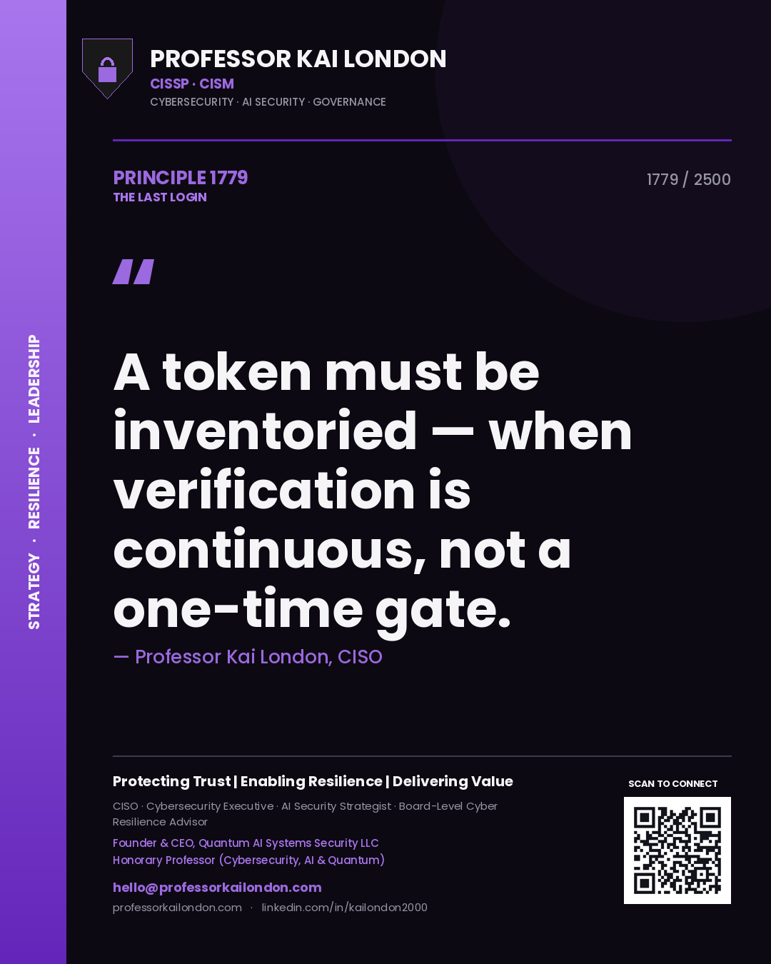 Quote card by Professor Kai London reading 'A token must be inventoried — when verification is continuous, not a one-time gate.'. From the book The Last Login.