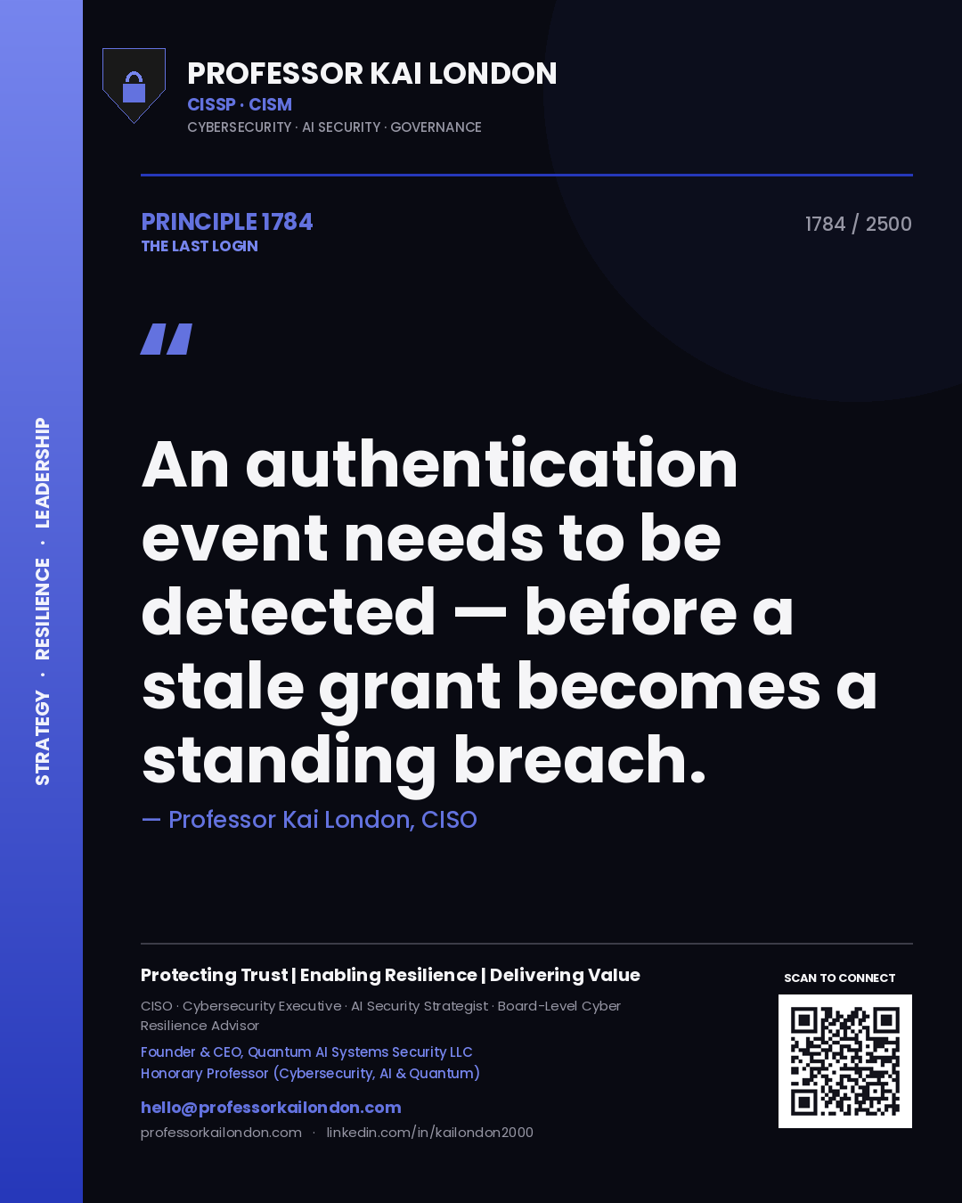 Quote card by Professor Kai London reading 'An authentication event needs to be detected — before a stale grant becomes a standing breach.'. From the book The Last Login.