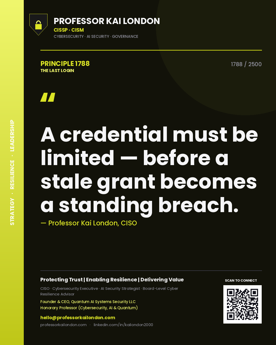 Quote card by Professor Kai London reading 'A credential must be limited — before a stale grant becomes a standing breach.'. From the book The Last Login.