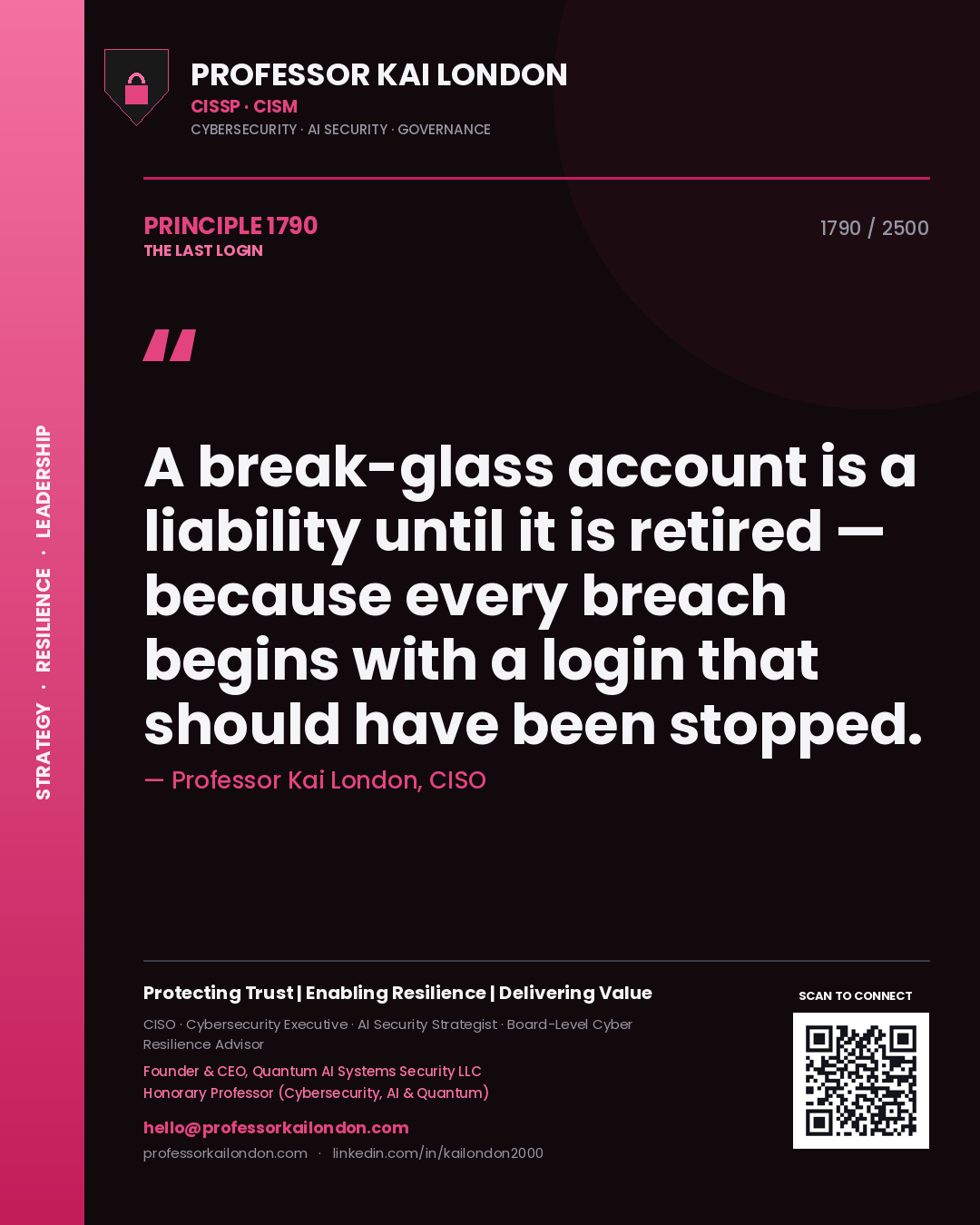 Quote card by Professor Kai London reading 'A break-glass account is a liability until it is retired — because every breach begins with a login that should have been stopped.'. From the book The Last Login.