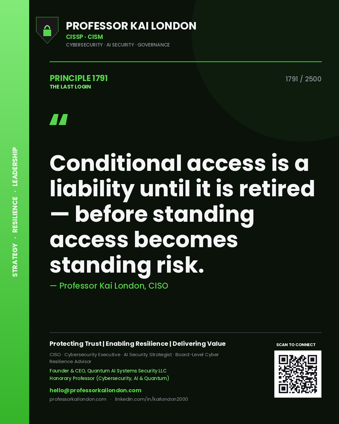Quote card by Professor Kai London reading 'Conditional access is a liability until it is retired — before standing access becomes standing risk.'. From the book The Last Login.